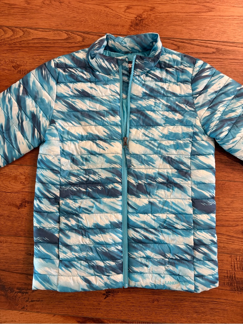 Lands’ End Girls L 10-12 PrimaLoft Puffer Jacket Blue Print Lightweight